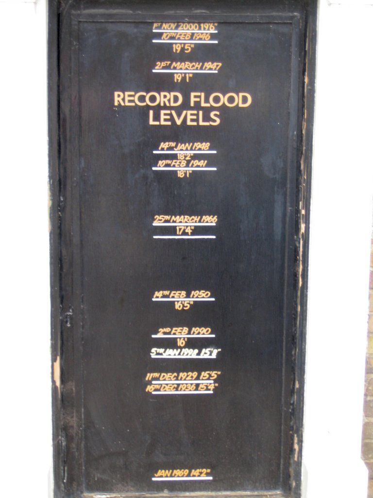 Flood levels on the pub door at the Bell
